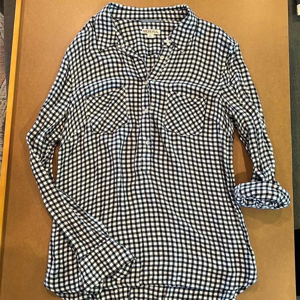 🍄3/$20 SzL Merona Black & White Buffalo Check 3/4 Button Flannel